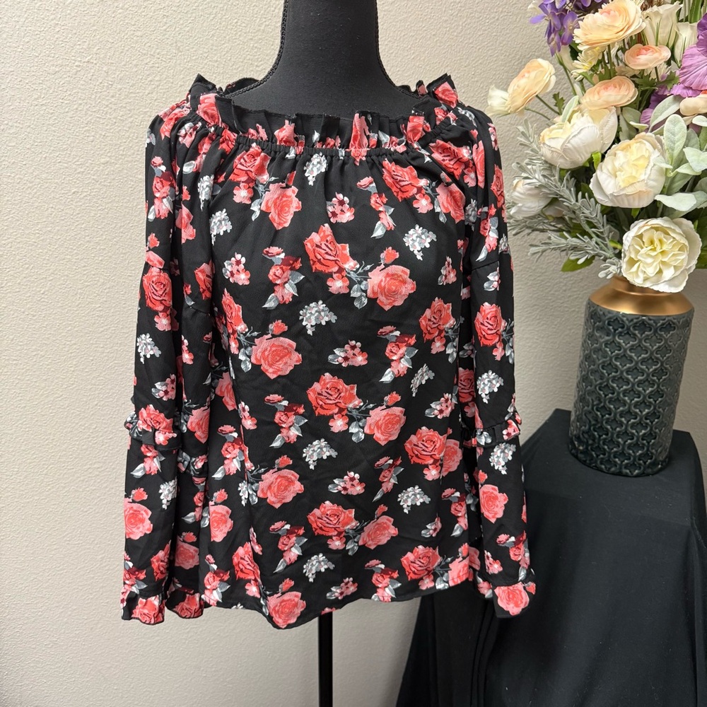 Panhandle Floral Off-Shoulder Black Ruffle Long Sleeve Boho Western Top M